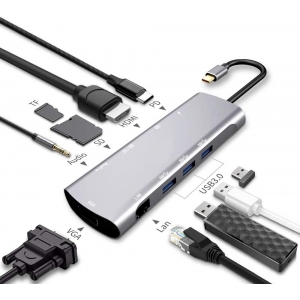 Adaptador USB C 10 en 1 usb3.0 Hub + Lector de tarjeta HD 4K+ Lan +VGA